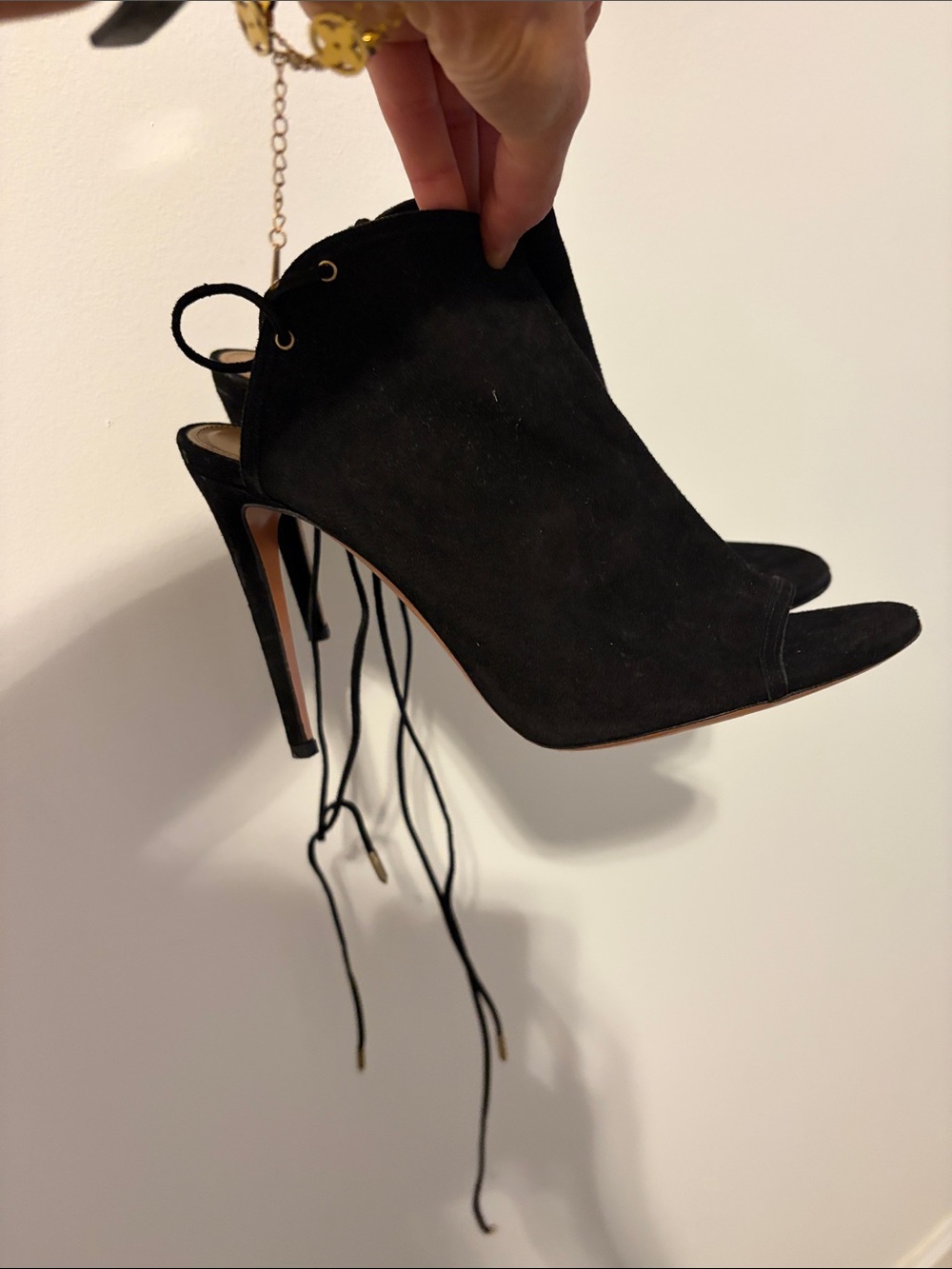 Aquazzura Black Suede Lace-Up Open-Toe Stiletto Booties